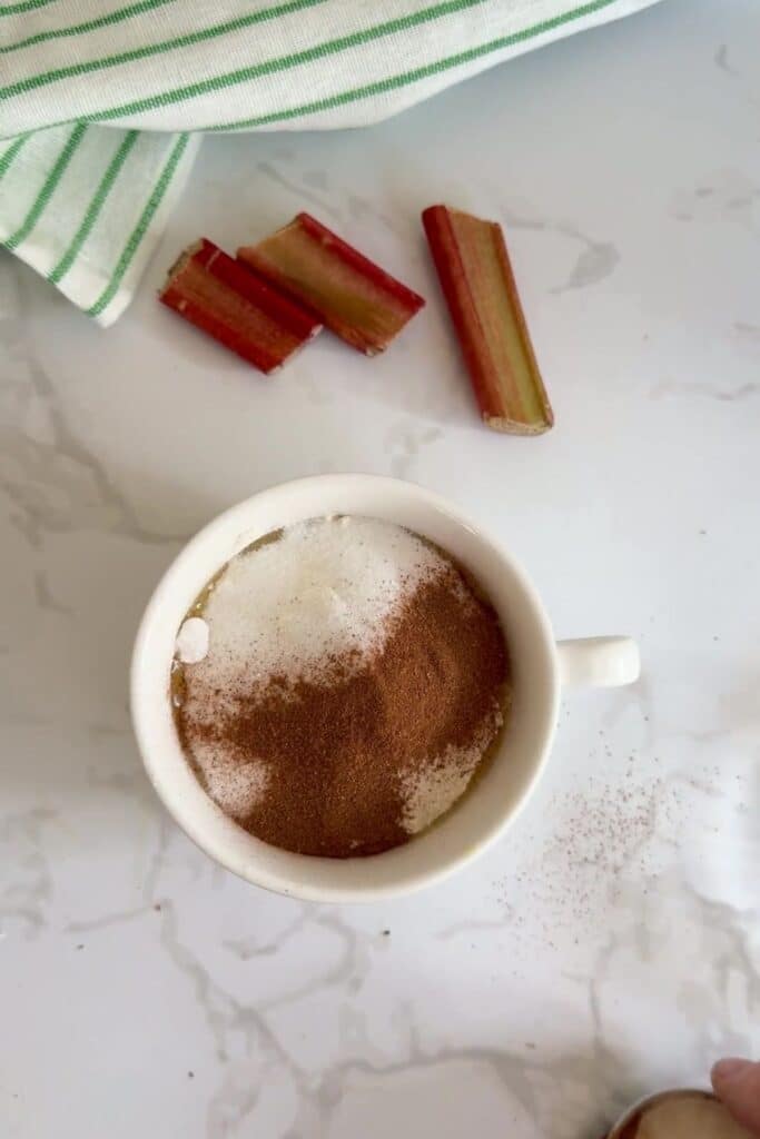 A white cup filled with a frothy beverage topped with cinnamon sits on a marble surface near sliced rhubarb and a green striped cloth.